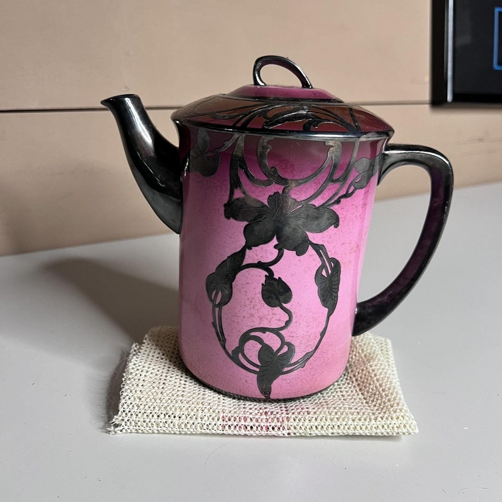 Vintage Foley Peacock Pink Nouveau Coffee Pot Sterling Silver Overlay England